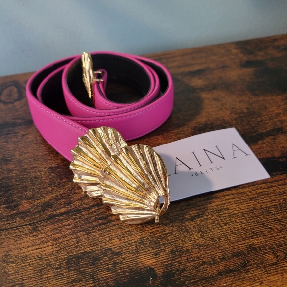 Raina Sally Pink Leather Belt Gold Shell Buckle Barbiecore Coastal Chic USA main image 5